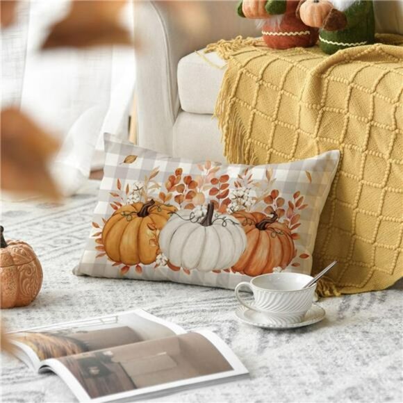 Pumpkin Buffalo Plaid Fall Throw Pillow Cover 12x20 Autumn Thanksgiving Decor - Picture 2 of 8
